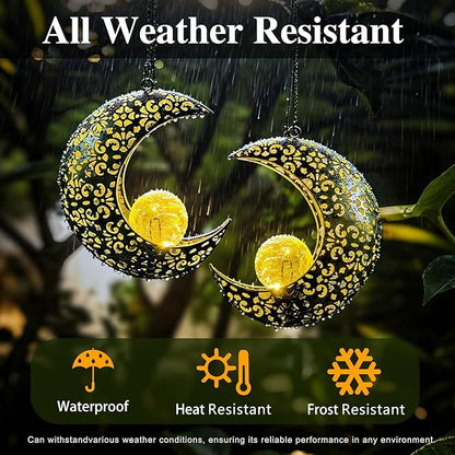 Solar Garden Hanging Moon Lights Outdoor Decor,2 Pack Metal Lanterns Art Decorations for Outside Yard Lawn Patio Wall Fences Driveway Trail,Unique Housewarming Gardening Gifts for Women Mom