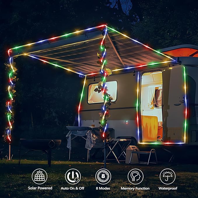 Solar Rope Lights, 2 Packs Total 66ft 200LED Solar String Lights, 8 Modes Waterproof Solar Powered Outdoor Light, Flexible Clear Tube Light for Garden Backyard Patio Deck Pool Tree Decor - Multicolor