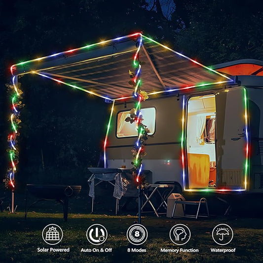 Solar Rope Lights, 2 Packs Total 66ft 200LED Solar String Lights, 8 Modes Waterproof Solar Powered Outdoor Light, Flexible Clear Tube Light for Garden Backyard Patio Deck Pool Tree Decor - Multicolor