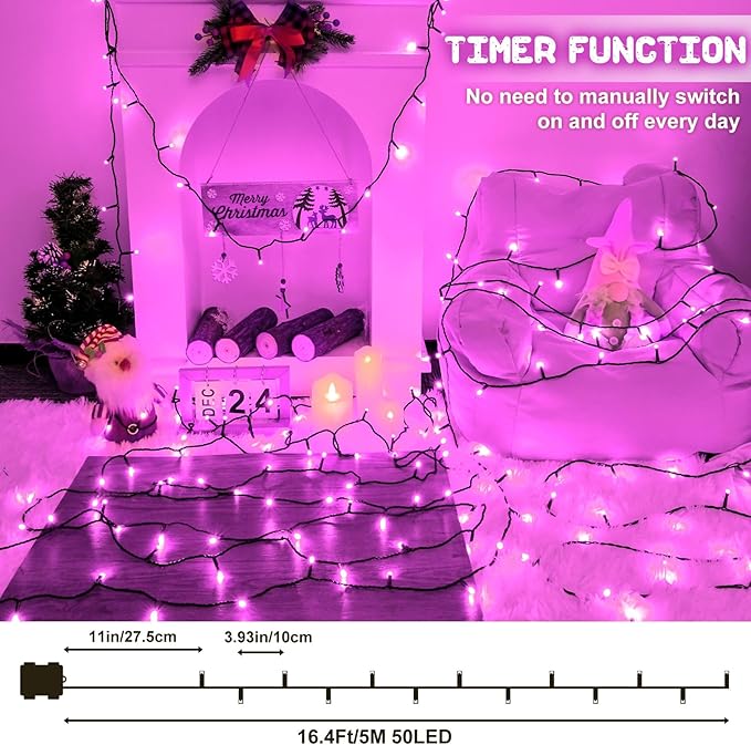 Pink Christmas Lights Outdoor Battery Operated String Lights Total 100LED 33Ft with Timer 8 Modes 16.4Ft*2 Waterproof Outdoor Indoor for Christmas Decor, Pink, 2-Pack