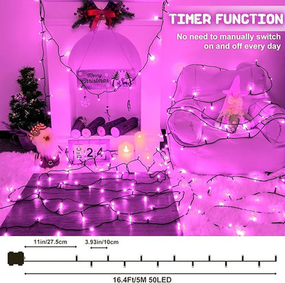Pink Christmas Lights Outdoor Battery Operated String Lights Total 100LED 33Ft with Timer 8 Modes 16.4Ft*2 Waterproof Outdoor Indoor for Christmas Decor, Pink, 2-Pack