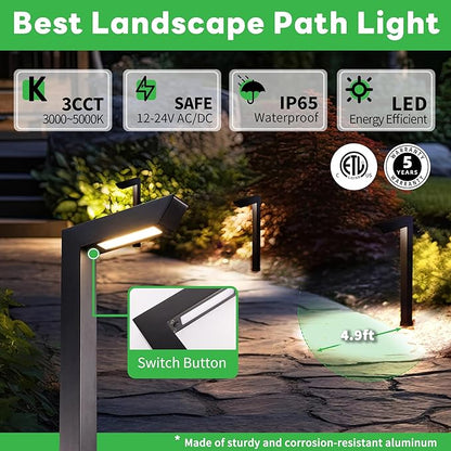 Landscape Path Lights, 3000K/4000K/5000K Selectable Pathway Lights, 12V Low Voltage Wired, LED Outdoor Waterproof, 5W 235LM L Shape Black Aluminum for Yard Walkway Driveway Garden