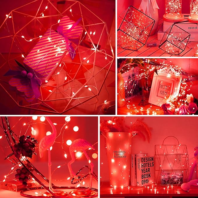 echosari 2 Pack Red Fairy Lights Battery Operated 200 LED 66Ft Silver Wire Starry String Lights Auto Timer 8 Modes Waterproof Mini Fairy Lights for Outdoor Indoor Garden Wedding Decor (Red)
