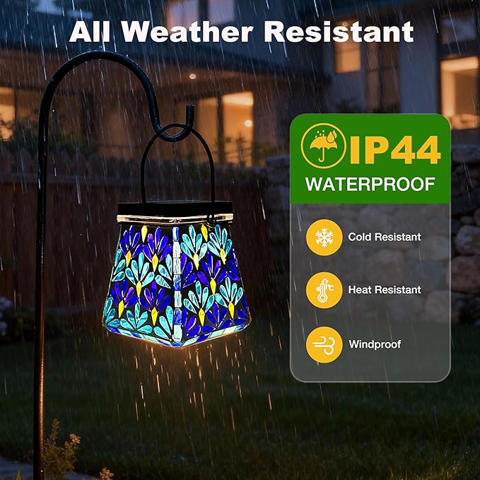 VOREEN Mosaic Solar Lantern, Colorful Mosaic Glass Decorative Lantern for Outdoor Garden & Patio, Tabletop or Hanging Solar Powered Light, Blue Petal Mosaic Design