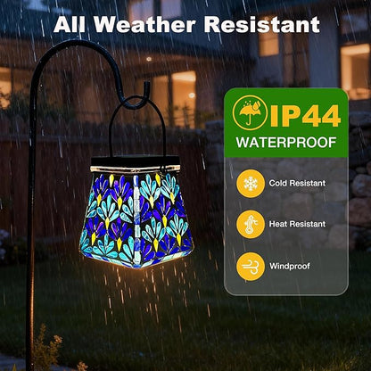 VOREEN Mosaic Solar Lantern, Colorful Mosaic Glass Decorative Lantern for Outdoor Garden & Patio, Tabletop or Hanging Solar Powered Light, Blue Petal Mosaic Design