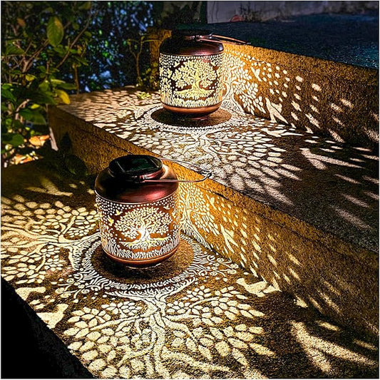 2 Pack Tree of Life Outdoor Solar Hanging Lanterns Waterproof LED Solar Lights Metal Decorative Lantern for Garden, Patio, Courtyard, Backyard, Yard Decor Unique Tree of Life Gifts for Women Gardening