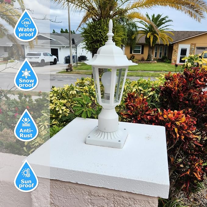 LIT-PaTH 16 Inch Outdoor Lamp Post Light Fixture, Exterior Pole Lantern with Clear Glass, Hardwired Aluminum Post Lighting for Driveway Garden Yard, White, 1-Pack