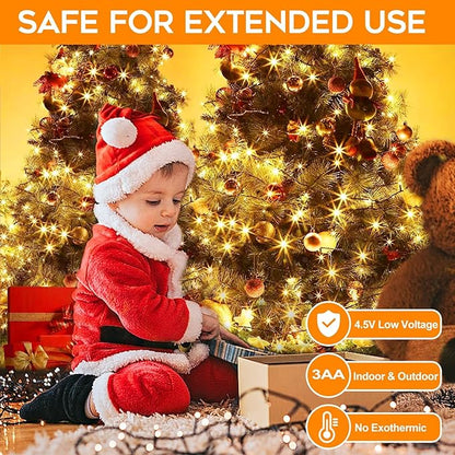 Battery Operated Christmas Lights, 33 FT 100 LED Mini String Lights with Timer and 8 Modes, Green Wire Outdoor Waterproof String Lights for Tree Xmas Indoor Holiday Party Garden Decor, Warm White