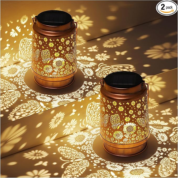 2 Pack Butterfly Solar Lanterns Outdoor Waterproof Sunflower Garden Decor Birthday Gifts for Women Mom Grandma Hanging Solar Lights Metal Lantern Decoration Outside for Porch,Patio,Yard,Backyard