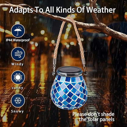 Mosaic Solar Lights Outdoor Lanterns, Decorative Mosaic Glass Solar Lamps Outdoor Waterproof, Hanging Lanterns Night Lights for Garden, Patio, Pathway & Yard Decor (Blue)