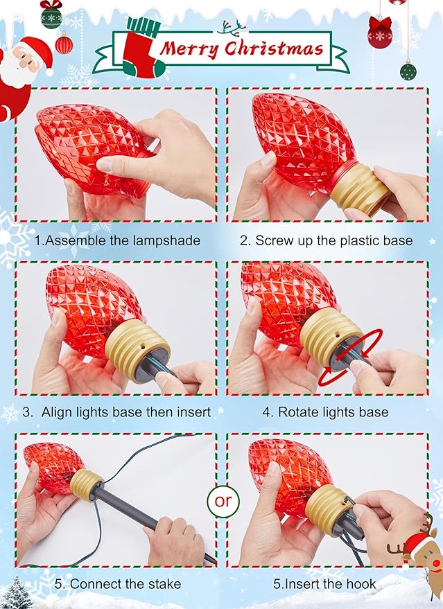 Moonflor Strawberry Jumbo C9 Christmas Pathway Lights Outdoor - 8.5 FT 5 LED Large C9 Pathway Lights, Hanging Jumbo Christmas Light Outdoor Decorations for Lawn Holiday Yard, Red & Warm White