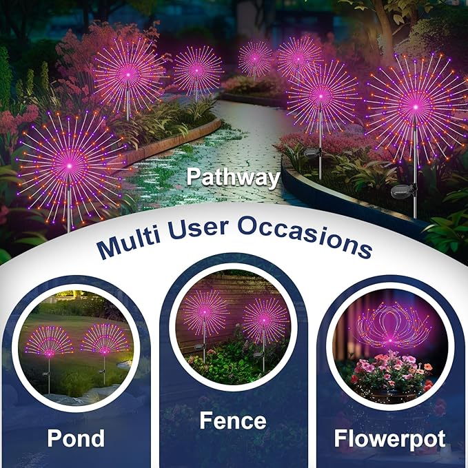 Solar Garden Lights Outdoor, 2 Pack 120 LED Twinkling Firework Lights Decorative with 2 Modes, Outdoor Waterproof Solar Starburst Light for Outside Yard Pathway Garden Decor, Purple + Orange