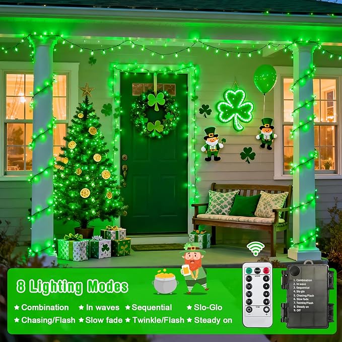 JMEXSUSS 2 Pack Green Christmas Lights for St Patrick, Each 33 FT 100 LED Green Battery Operated Lights, Battery Operated String Light Outdoor for Outside St Patrick Decoration Tree House Garden Decor