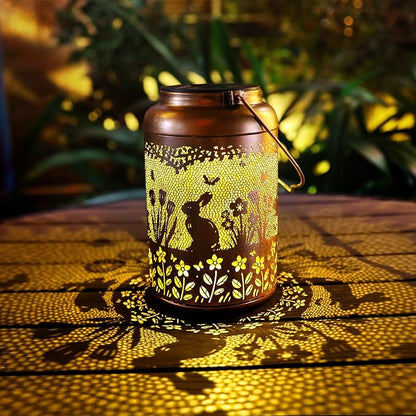 Rabbit Solar Lanterns Outdoor Waterproof Hanging Bunny Solar Lights Metal Decoration Outside for Yard,Patio,Porch, Pathway, Lawn, Garden Decor Lantern Birthday Gifts for Women Mom Grandma