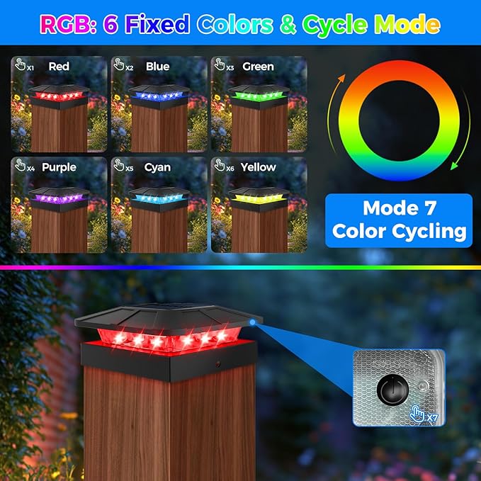 Peasur 4x4 Solar Post Cap Lights Outdoor RGB Color Changing, 4 Pack LED Post Top Light Solar Powered Waterproof, Fence Deck Lighting for Wood/Vinyl Posts for Outside Porch Yard Railing