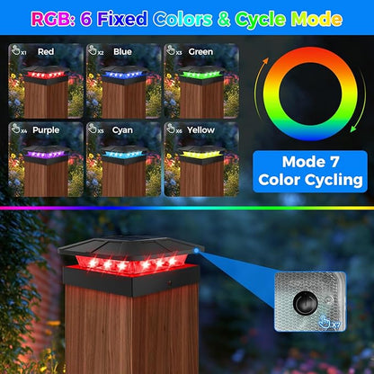 Peasur 4x4 Solar Post Cap Lights Outdoor RGB Color Changing, 4 Pack LED Post Top Light Solar Powered Waterproof, Fence Deck Lighting for Wood/Vinyl Posts for Outside Porch Yard Railing