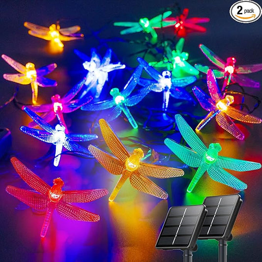 OZS 2PK 40LED 50FT Dragonfly Solar Lights Outdoor Waterproof, Multicolor Solar Fairy Lights with 8 Lighting Modes, Garden Decor for Outside, Pathway Lights for Fence, Patio, Yard