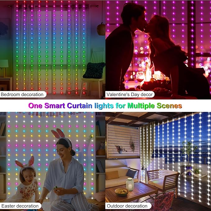 echosari Smart Curtain Lights 6.6 x 9.8Ft 16 Million Colors Changing 300 LED Fairy Curtain Lights DIY Functions with Remote APP Hanging Light for Patio Bedroom Decor