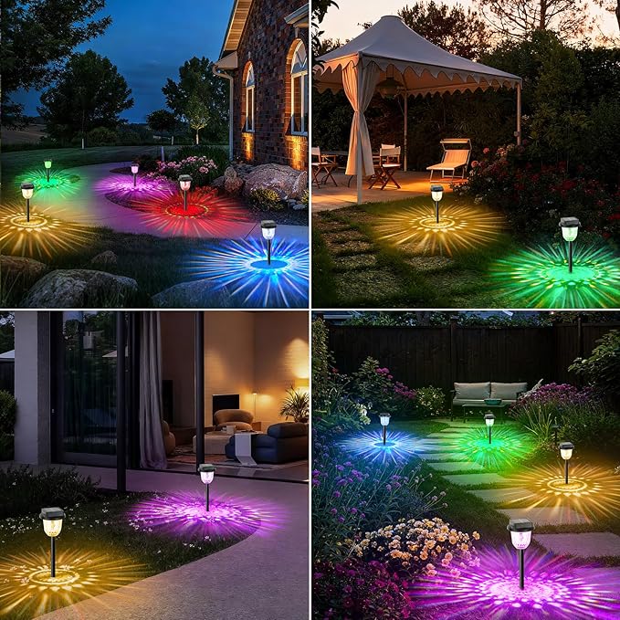 echosari 2 Pack Color Changing Solar Pathway Lights, Dynamic Pattern Multicolor & Warm White Solar Lights Outdoor Waterproof Garden Lights for Landscape Path Driveway Walkway Lawn