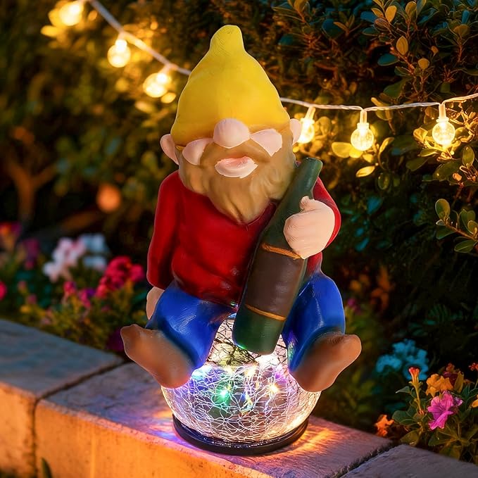 Drinking Gnome Solar Garden Statue - Funny Gnome Figurine with Colorful Crackle Ball LED Light - Perfect Novelty Patio Yard Decor and Gag Gifts - Funny Birthday Gifts for Grandma Mom Women