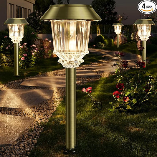 XMCOSY+ Solar Pathway Lights Outdoor - 4 Pack Auto On/Off 10-40 LM Dimmable Waterproof Outdoor Solar Lights for Yard Pathway Garden Driveway Walkway (Bronze)