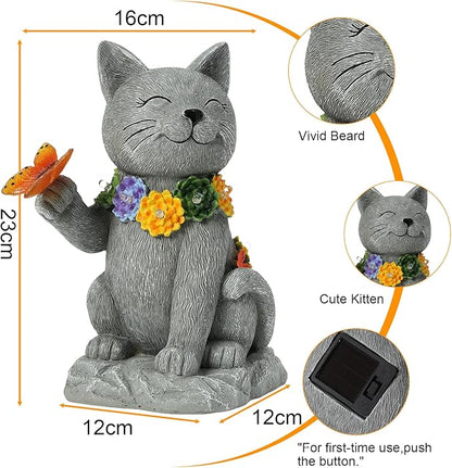 Solar Cat Garden Statue - 7 LED Lights with Flowers & Butterfly Yard Art, Lawn Porch Outdoor Decor, Gift for Mom, Grandma & Women