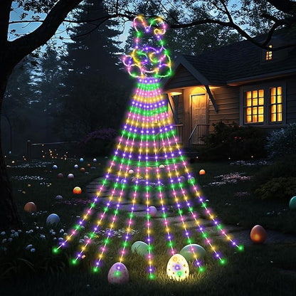 12 ft Easter Bunny Waterfall String Lights with 305 LED Colorful Bunny String Lights with 8 Modes Lighted Easter Outdoor Party Decoration for Tree Garden Yard Spring Themed Decor