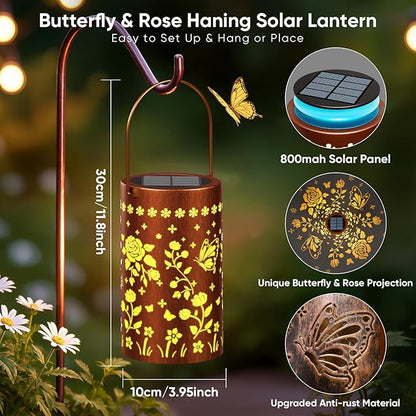 Solar Lanterns Outdoor Waterproof Hanging: 2 Pack Butterfly Rose Projection Solar Lights - Mothers Day Gifts for Women Mom Grandma - IP65 Auto On/Off Garden Decor - 800mAh 12H Glow 2 Modes