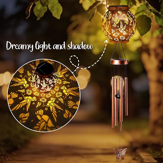 Christmas Hummingbird Lantern Wind Chime - Handcrafted Garden Art with Melodic Tones, Weather-Resistant Metal Wind Chime for Outdoor Patio, Porch, and Garden Decor, for Nature Lovers
