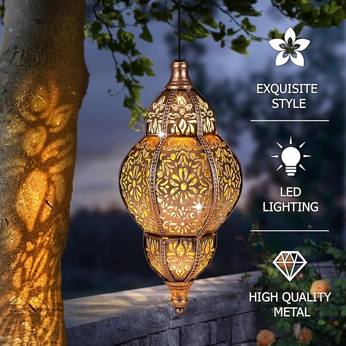 Classic Moroccan Solar Lanterns for Backyard, Waterproof LED