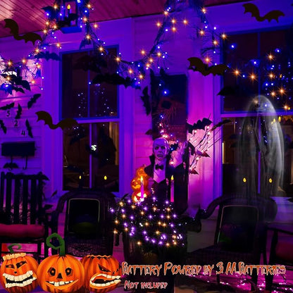 echosari 2 Pack Halloween Fairy Lights Battery Operated, 200 LED 66Ft Auto Timer Silver Wire Starry String Lights 8 Modes for Outdoor Garden Yard Fence Decor (Purple & Orange)