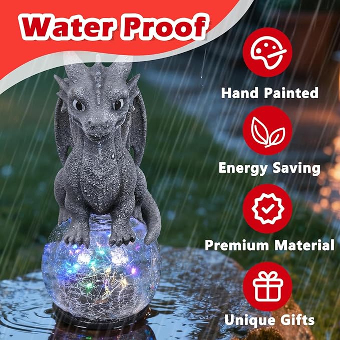 Dragon Garden Statue with Solar Crackle Glass Ball - Gothic Outdoor Decor for Patio & Yard - Mystical Dragon Guardian Figurine, Fantasy Gift for Men & Dragon Lovers