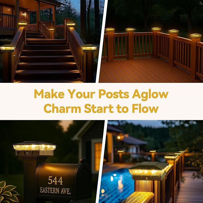 Solar Post Cap Lights, 2 Pack Upgraded Outdoor Deck Fence Post Solar Lights for 4x4 5x5 Wood/Vinyl Posts, IP65 Waterproof, 10-12 Hours Warm/Cool White Glow for Garden/Patio/Porch - Black