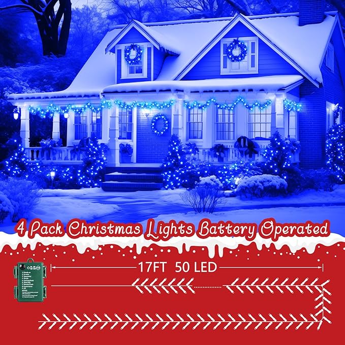 4-Pack 200 LED Christmas Twinkle Lights, 66ft Waterproof for Patio