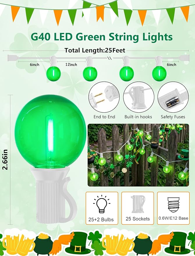 25ft Green String Lights for Backyard, Waterproof LED