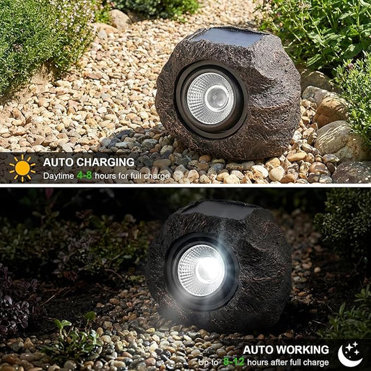 Solar Rock Lights Outdoor – 4 Pack Waterproof LED Landscape Garden Spotlights, Realistic Stone Design, Wireless Solar Powered Pathway Lights for Yard, Walkway, Patio & Lawn Decoration (Auto On/Off)