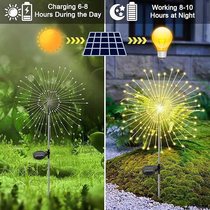 Solar Garden Lights Outdoor, 6 Pack 120 LED Twinkling Firework Lights Decorative with 2 Modes, Outdoor Waterproof Solar Starburst Light for Outside Yard Pathway Garden Decor, Warm White