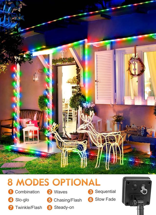 Brightown Solar Rope Lights, 39FT 100LED IP65 Waterproof Outdoor Solar String Lights with 8 Lighting Modes for Party, Garden, Yard, Home, Holiday, Tree Decoration, Multicolor