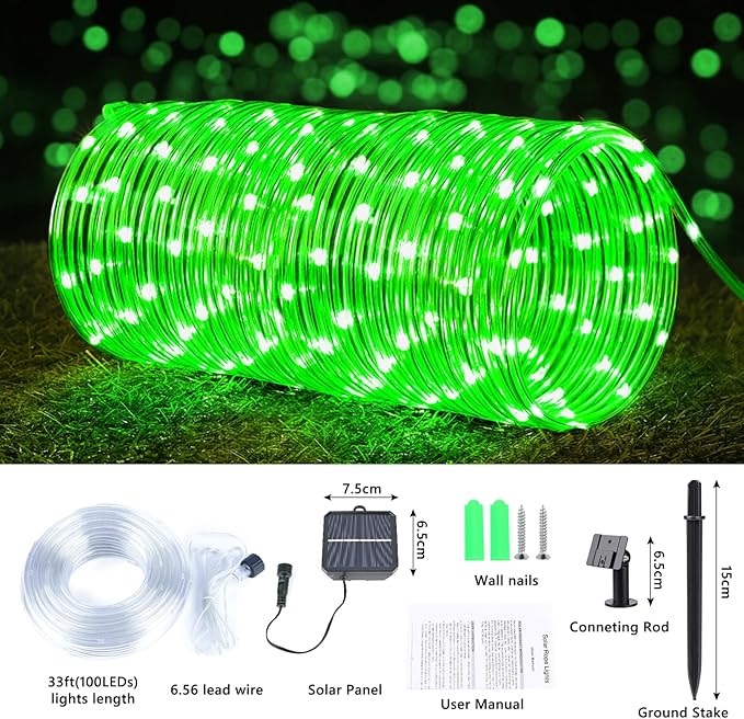 Solar Rope Lights, 33ft 100LED Solar String Lights, 8 Modes Waterproof Solar Powered Outdoor Light, Flexible Clear Tube Light for Garden Backyard Patio Deck Porch Pool Tree Christmas Decoration -Green