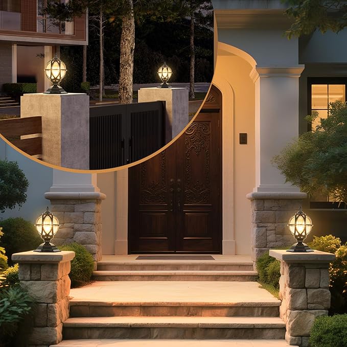 Outdoor Post Caps Lights Fixture Exterior Post Mount Column Lights IP55 Waterproof Pillar Lamps Fence Deck Caps Lanterns With Globe Amber Glass Landscape Lighting Yard Porch Gate Bollard Pedestal Lamp