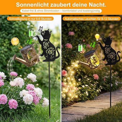 Solar Watering Can Lights with Fairy & Flowers, Outdoor Garden Decor with Cascading String Lights, Waterproof Solar Powered Hanging Lantern for Patio Yard Pathway, Gift for Mom Cat Lovers Gardeners