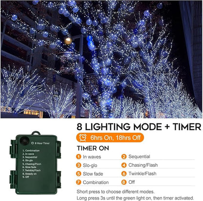 Battery Operated Christmas Lights Outdoor, 33 FT 100 LED Mini String Lights with Timer and 8 Modes, Green Wire Xmas Waterproof String Lights for Tree Xmas Indoor Holiday Party Garden Decor, Cool White