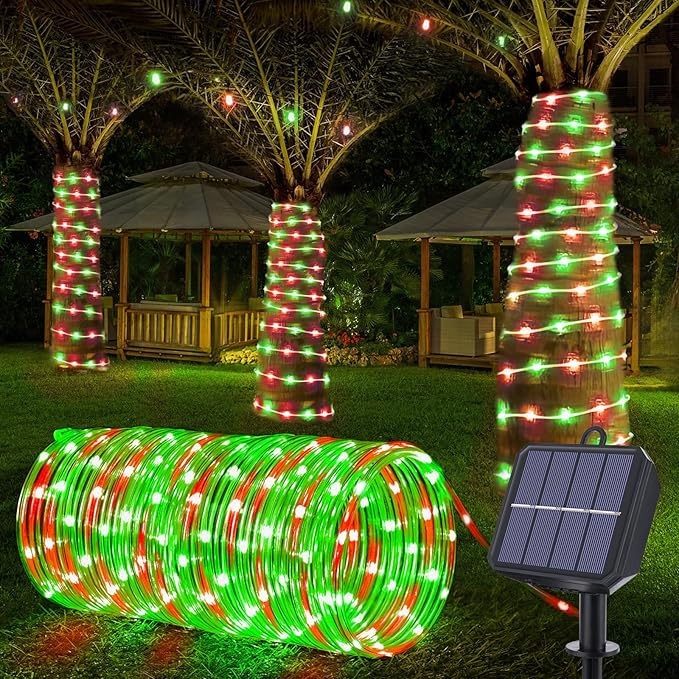 Solar Rope Lights, 66ft 200LED Solar String Lights, 8 Modes Waterproof Solar Powered Outdoor Light, Flexible Clear Tube Light for Garden Backyard Patio Deck Porch Pool Tree Christmas Decor - Red&Green
