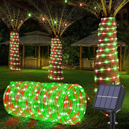 Solar Rope Lights, 66ft 200LED Solar String Lights, 8 Modes Waterproof Solar Powered Outdoor Light, Flexible Clear Tube Light for Garden Backyard Patio Deck Porch Pool Tree Christmas Decor - Red&Green