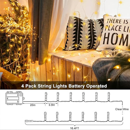 4 Pack Battery Christmas Light String 16.5Ft 50 LED Clear Wire Sting Lights Christmas Tree Wrapped Lights Timer 8 Modes Auto On/Off Christmas Fairy Lights for Indoor Outdoor Patio Wreath Garden Deck