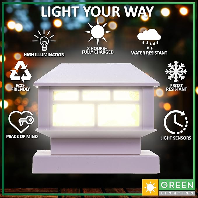 GreenLighting Modern Solar Post Cap Lights Fits 4x4 Wood, 4x4 & 5x5 PCV/Vinyl Outdoor Solar Powered Light, Fence Post, Landscaping, Deck, Garden- Bright LED, Waterproof White 2 Pack