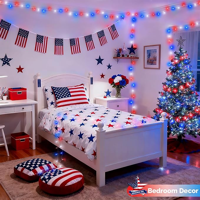 JMEXSUSS 4 Pack 50 LED Red White and Blue String Lights Battery Operated, Each 16.5ft 4th of July Lights Outdoor Waterproof, 8 Modes Patriotic Light with Timer for Independence Day Memorial Day