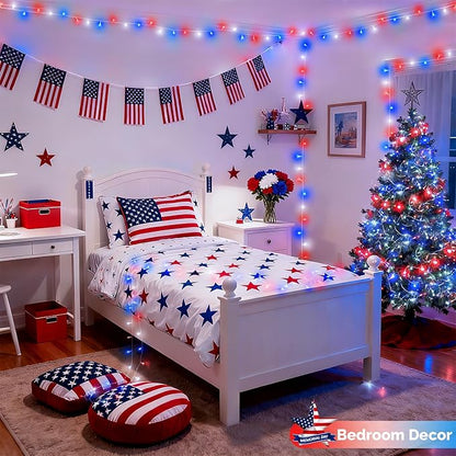 JMEXSUSS 4 Pack 50 LED Red White and Blue String Lights Battery Operated, Each 16.5ft 4th of July Lights Outdoor Waterproof, 8 Modes Patriotic Light with Timer for Independence Day Memorial Day