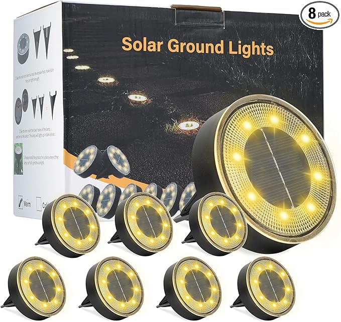 8-Pack Solar Ground Disk Lights, Waterproof LED
