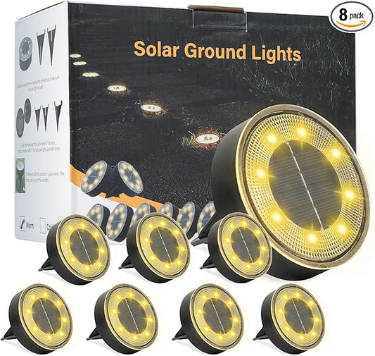 ELUTENG Solar Ground Lights 8 Pack IP68 Waterproof Solar Pathway Lights 8 LED Garden Lights Anti-Rust Outdoor Landscape Lighting for Lawn, Yard, Deck, Driveway, Walkway (Warm Light)